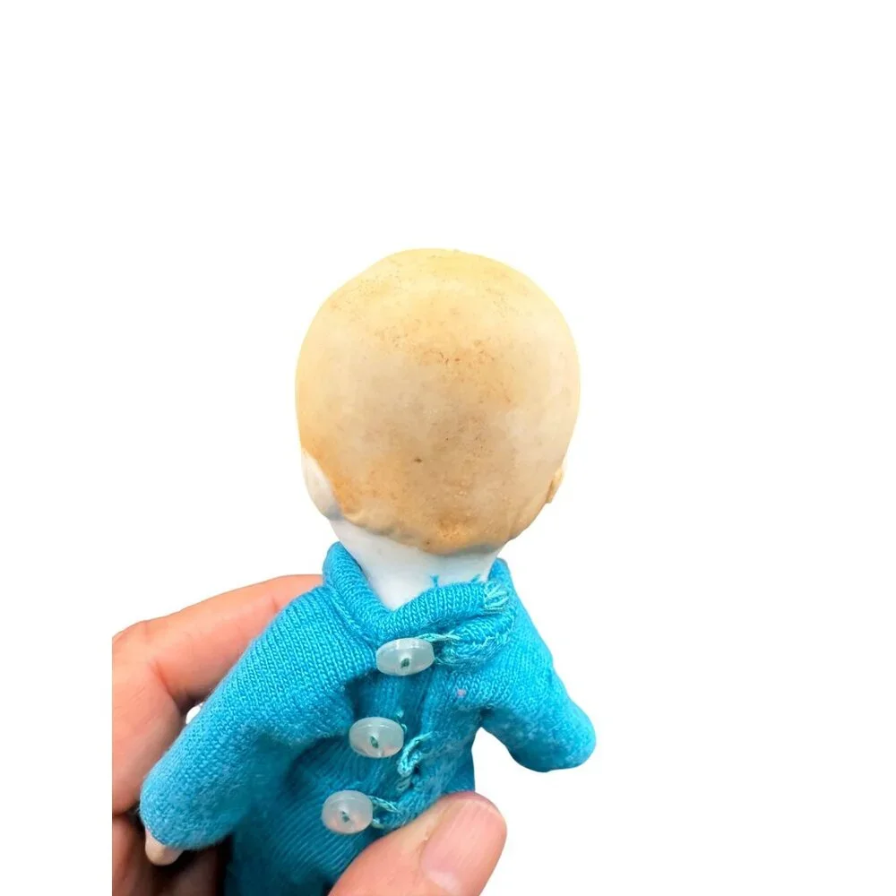 Vtg 7" Jointed Bisque Doll Turquoise Knit Outfit & Button Back Closure JAPAN - Picture 6 of 7